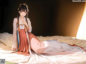 A woman in a white kimono sitting on a bed.