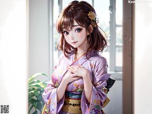A woman in a blue kimono sitting on a bed.