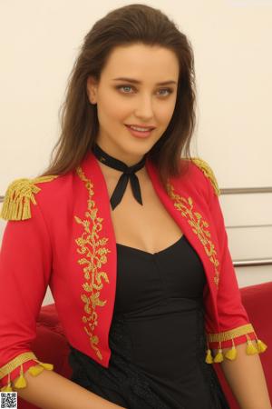 A woman in a red top and green skirt posing for a picture.