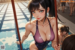 A woman in a purple bikini sitting on the edge of a swimming pool.
