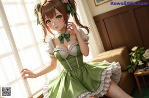 A woman in a green dress and white stockings is posing for a picture.