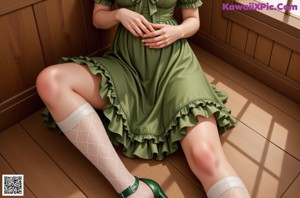 A girl in a green dress holding a bunch of flowers.