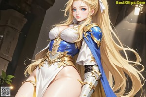 A woman with long blonde hair and blue eyes.
