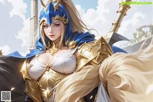 A woman in a white and gold outfit holding a white cloth.