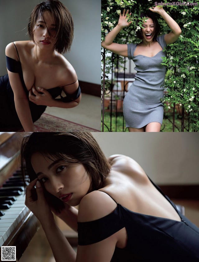 A woman in a black dress posing next to a piano.