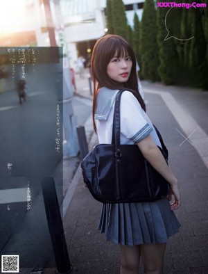 A series of photos of a woman in a school uniform.