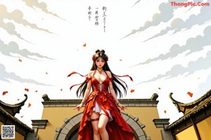 A woman in a red dress is walking down a path.