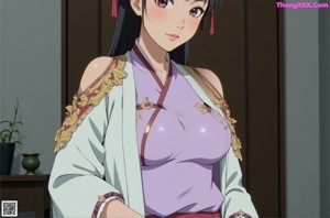 A woman in a white robe sitting on a bed.