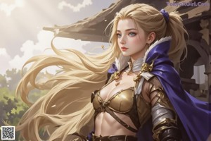 A woman in armor holding a sword in her hand.