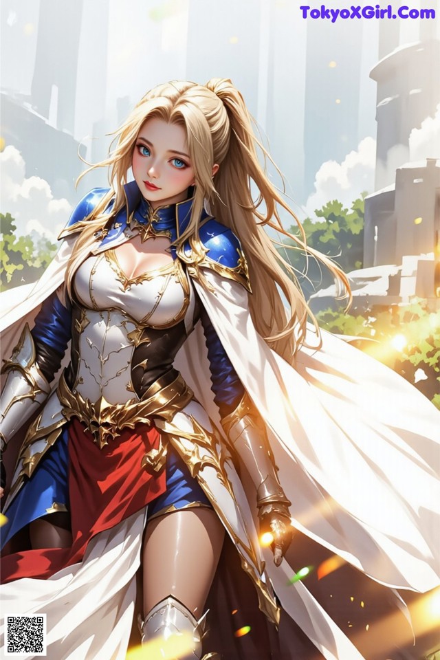 A woman in a blue and white outfit holding a sword.