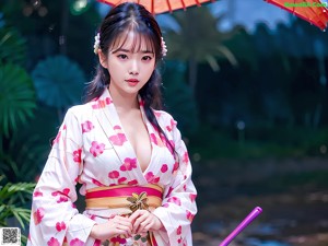 A woman in a kimono sitting on a bench under an umbrella.