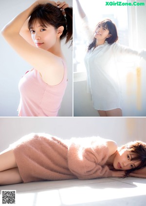 A woman sitting on top of a bed next to a magazine.