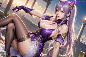 A woman in a purple dress sitting on a bench.