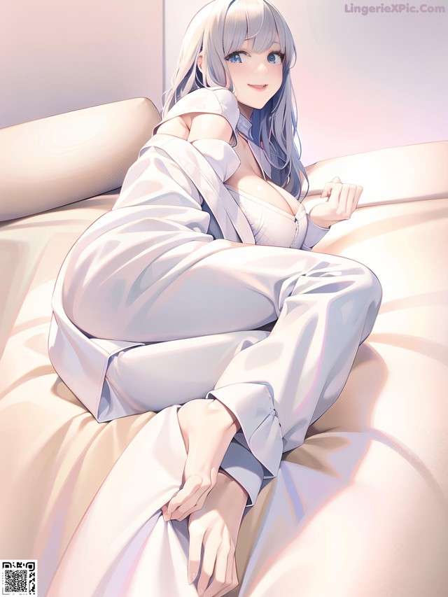 A woman sitting on top of a bed in pajamas.