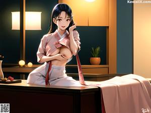 A woman in a kimono sitting on a bed.
