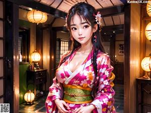 A woman in a kimono standing in front of a window.