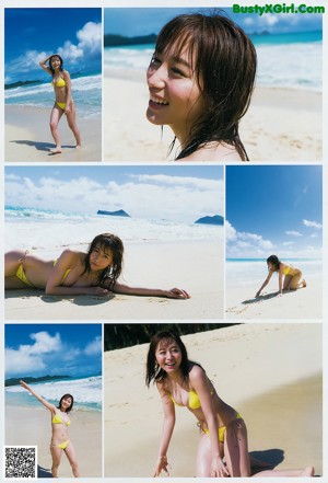 A collage of photos of a woman in a blue and white dress.