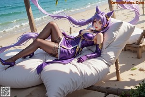 A woman with long purple hair sitting on a bench.