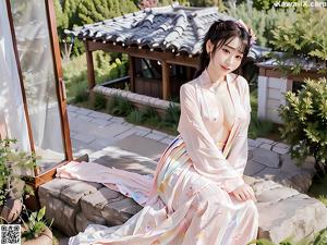 A woman in a white robe sitting on a wooden floor.