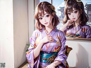A woman in a kimono sitting on a bench.