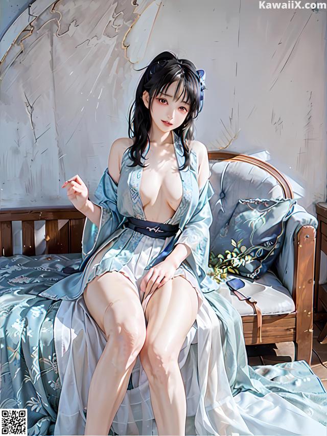 A woman in a blue kimono sitting on a bed.