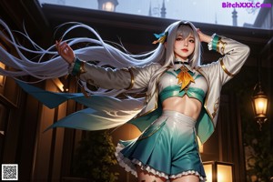A girl with long white hair wearing a blue and yellow outfit.