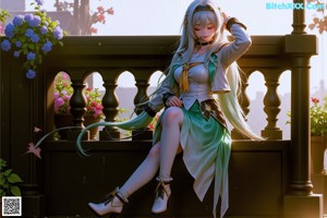 A girl with long white hair wearing a blue and yellow outfit.
