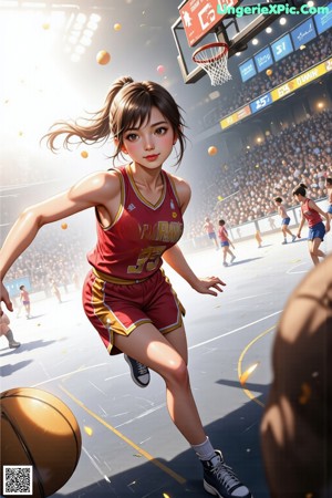 A woman in a basketball uniform holding a basketball on a court.