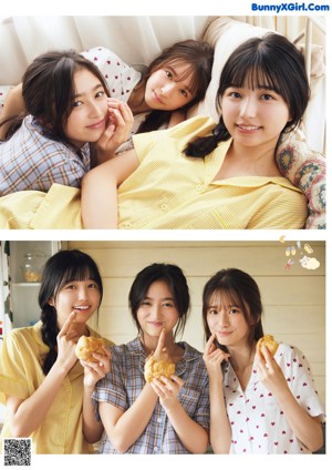 A group of young women in school uniforms posing for a magazine.