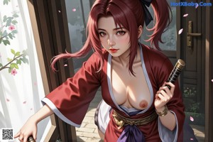 A woman in traditional attire holds a sword amidst blossoms.