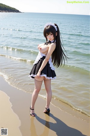 A woman dressed in a maid outfit posing for a picture.