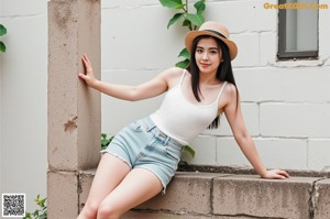 A woman wearing a hat leaning against a wall.