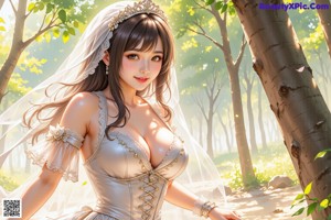 A woman in a wedding dress walking through a forest.