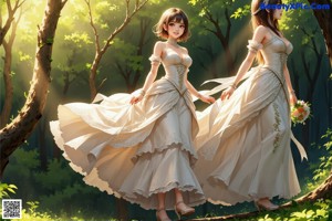 A woman in a wedding dress walking through a forest.