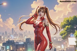 A woman in a red bikini and red boots posing in the city.