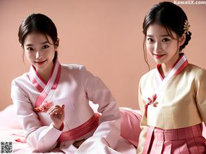 A woman in a blue and pink hanbok is posing for a picture.