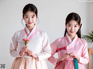 A woman in a pink and blue hanbok posing for a picture.