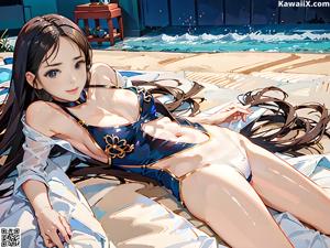 A woman in a bikini sitting on a red couch next to a pool.