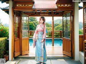 A woman in a pink kimono sitting on a bed.