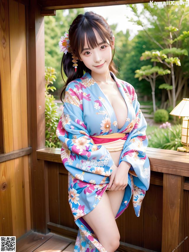 A woman in a blue kimono posing on a wooden deck.