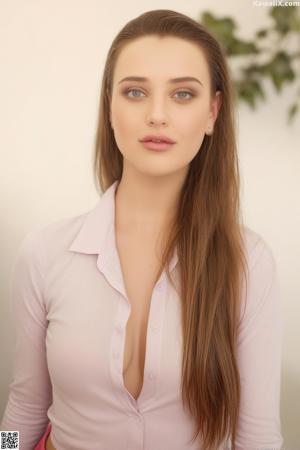 A woman in a white shirt and pink skirt posing for a picture.