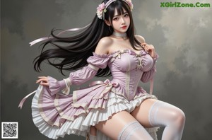 a woman in a pink dress and stockings posing for a picture