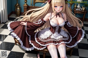 A woman in a maid outfit sitting on a bench.