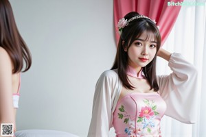 a woman in a pink dress sitting on a couch